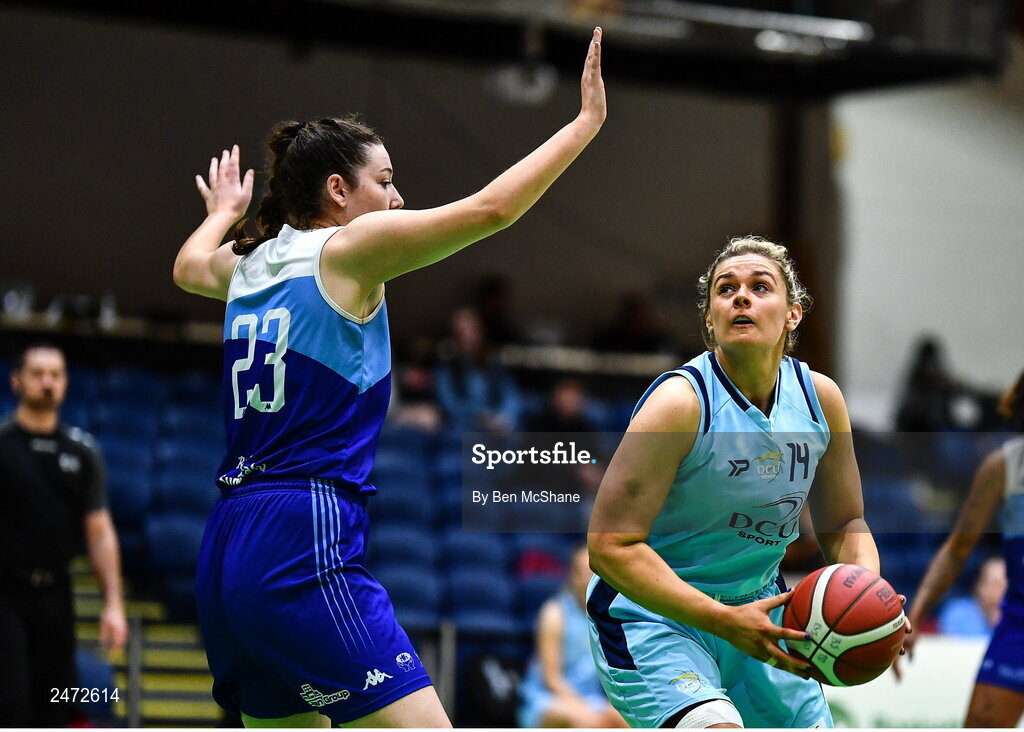 1 April 2023; Hannah Thornton of DCU Mercy in action against Amy Dooley of The Address UCC Glanmire during the MissQuote.ie Champions Trophy Final match between The Address UCC Glanmire, Cork and DCU Mercy, Dublin at National Basketball Arena in Tallaght, Dublin. Photo by Ben McShane/Sportsfile