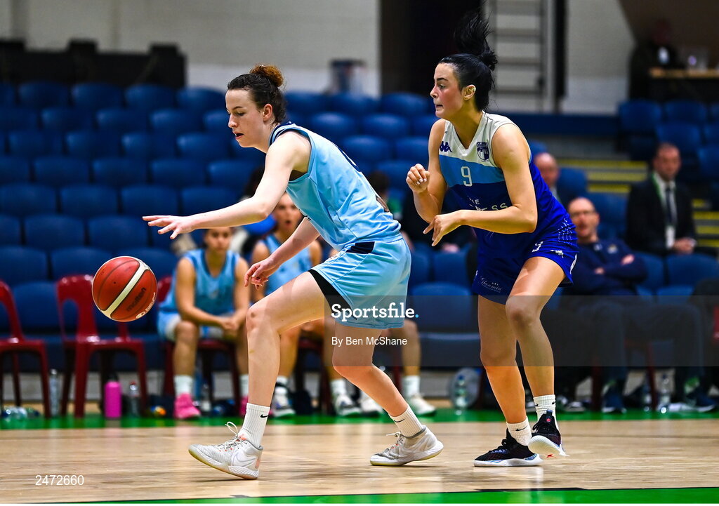 1 April 2023; Rachel Huijsdens of DCU Mercy in action against Mia Furlong of The Address UCC Glanmire during the MissQuote.ie Champions Trophy Final match between The Address UCC Glanmire, Cork and DCU Mercy, Dublin at National Basketball Arena in Tallaght, Dublin. Photo by Ben McShane/Sportsfile