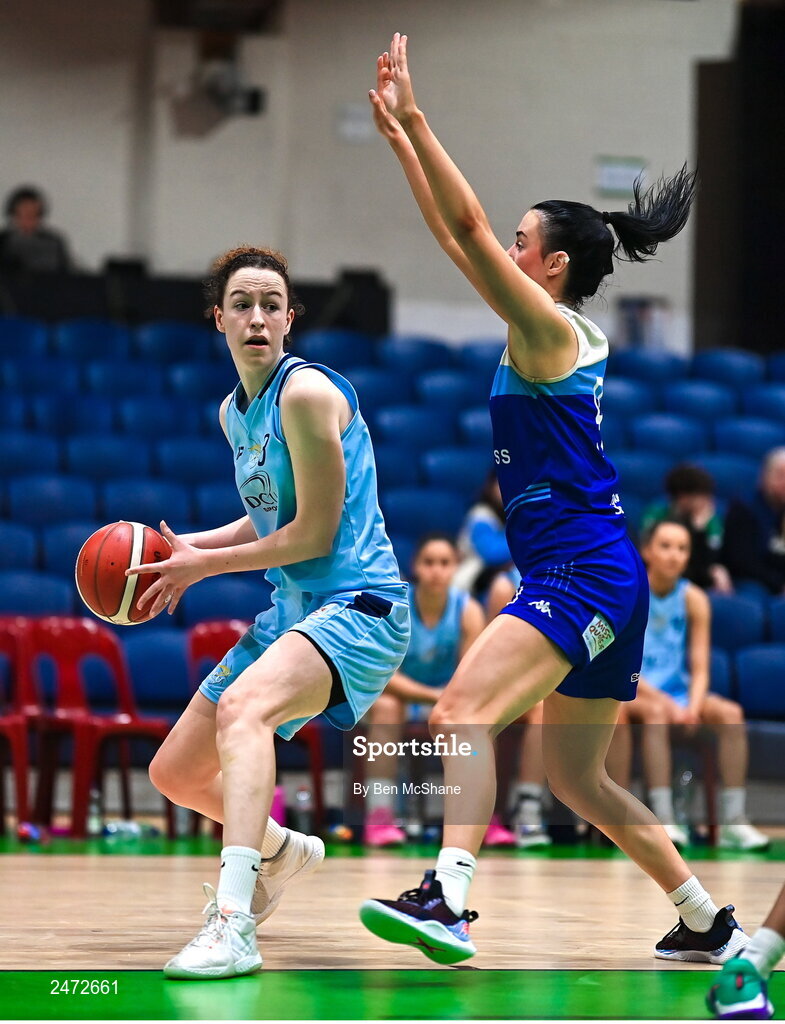 1 April 2023; Rachel Huijsdens of DCU Mercy in action against Mia Furlong of The Address UCC Glanmire during the MissQuote.ie Champions Trophy Final match between The Address UCC Glanmire, Cork and DCU Mercy, Dublin at National Basketball Arena in Tallaght, Dublin. Photo by Ben McShane/Sportsfile