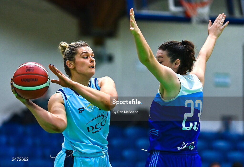 1 April 2023; Hannah Thornton of DCU Mercy in action against Simone O'Shea of The Address UCC Glanmire during the MissQuote.ie Champions Trophy Final match between The Address UCC Glanmire, Cork and DCU Mercy, Dublin at National Basketball Arena in Tallaght, Dublin. Photo by Ben McShane/Sportsfile