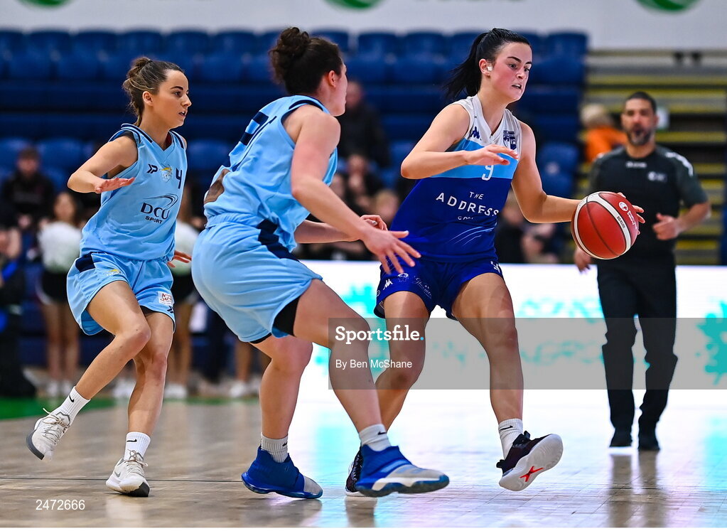 1 April 2023; Mia Furlong of The Address UCC Glanmire in action against Megan Connolly, left, and Amelia Motz of DCU Mercy during the MissQuote.ie Champions Trophy Final match between The Address UCC Glanmire, Cork and DCU Mercy, Dublin at National Basketball Arena in Tallaght, Dublin. Photo by Ben McShane/Sportsfile