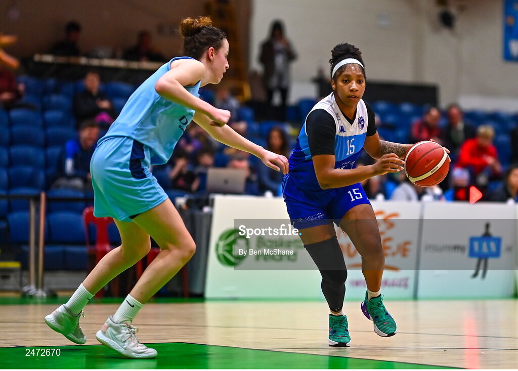1 April 2023; Khiarica Rasheed of The Address UCC Glanmire in action against Rachel Huijsdens of DCU Mercy during the MissQuote.ie Champions Trophy Final match between The Address UCC Glanmire, Cork and DCU Mercy, Dublin at National Basketball Arena in Tallaght, Dublin. Photo by Ben McShane/Sportsfile