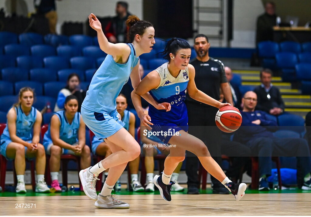 1 April 2023; Mia Furlong of The Address UCC Glanmire in action against Rachel Huijsdens of DCU Mercy during the MissQuote.ie Champions Trophy Final match between The Address UCC Glanmire, Cork and DCU Mercy, Dublin at National Basketball Arena in Tallaght, Dublin. Photo by Ben McShane/Sportsfile