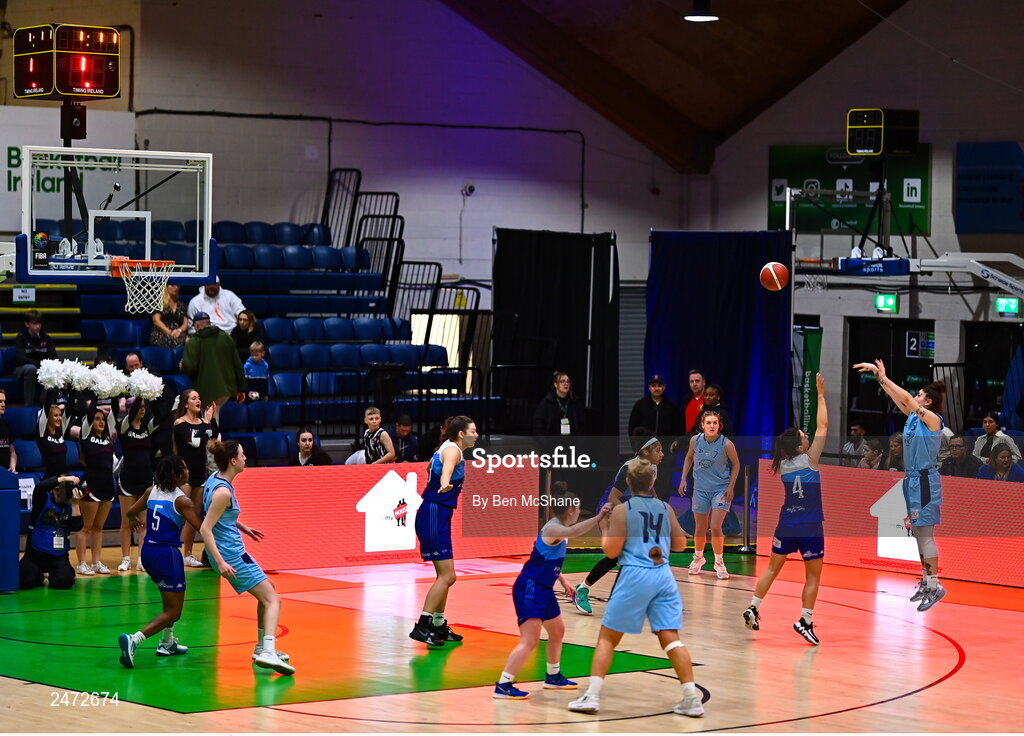 1 April 2023; Lindsey Abed of DCU Mercy shoots a basket despite Áine McKenna of The Address UCC Glanmire during the MissQuote.ie Champions Trophy Final match between The Address UCC Glanmire, Cork and DCU Mercy, Dublin at National Basketball Arena in Tallaght, Dublin. Photo by Ben McShane/Sportsfile