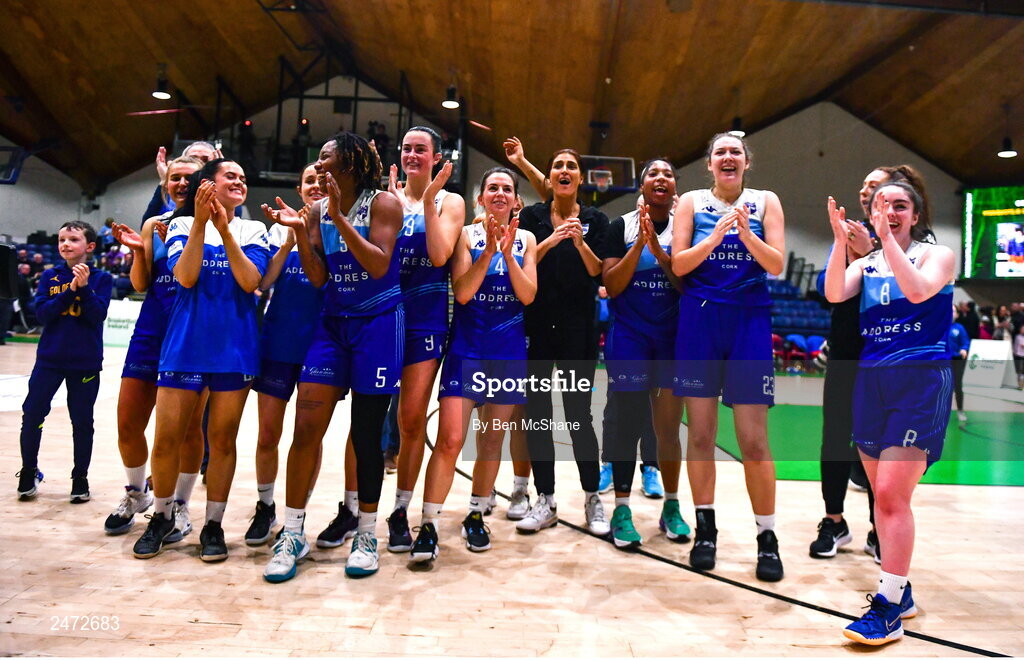1 April 2023; The Address UCC Glanmire players celebrate after MissQuote.ie Champions Trophy Final match between The Address UCC Glanmire, Cork and DCU Mercy, Dublin at National Basketball Arena in Tallaght, Dublin. Photo by Ben McShane/Sportsfile