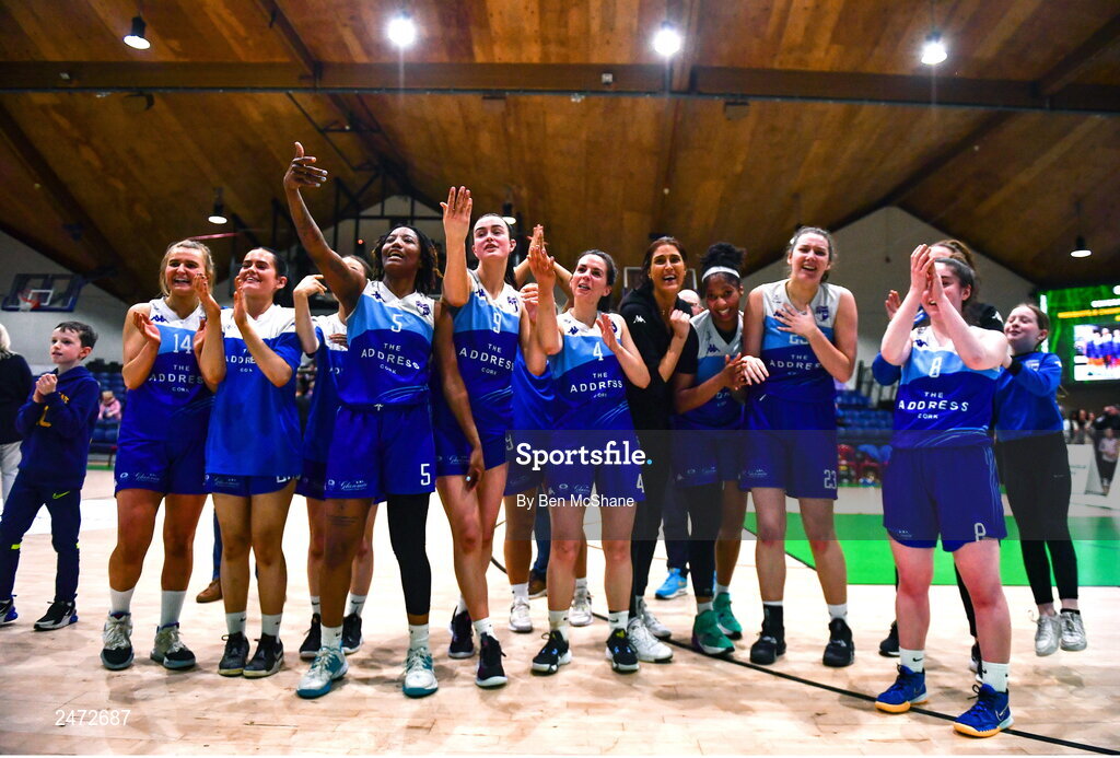 1 April 2023; The Address UCC Glanmire players celebrate after MissQuote.ie Champions Trophy Final match between The Address UCC Glanmire, Cork and DCU Mercy, Dublin at National Basketball Arena in Tallaght, Dublin. Photo by Ben McShane/Sportsfile