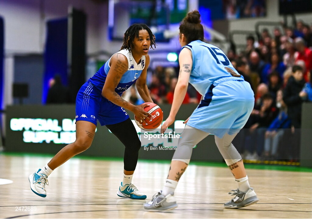 1 April 2023; Brittany Byrd of The Address UCC Glanmire in action against Lindsey Abed of DCU Mercy during the MissQuote.ie Champions Trophy Final match between The Address UCC Glanmire, Cork and DCU Mercy, Dublin at National Basketball Arena in Tallaght, Dublin. Photo by Ben McShane/Sportsfile