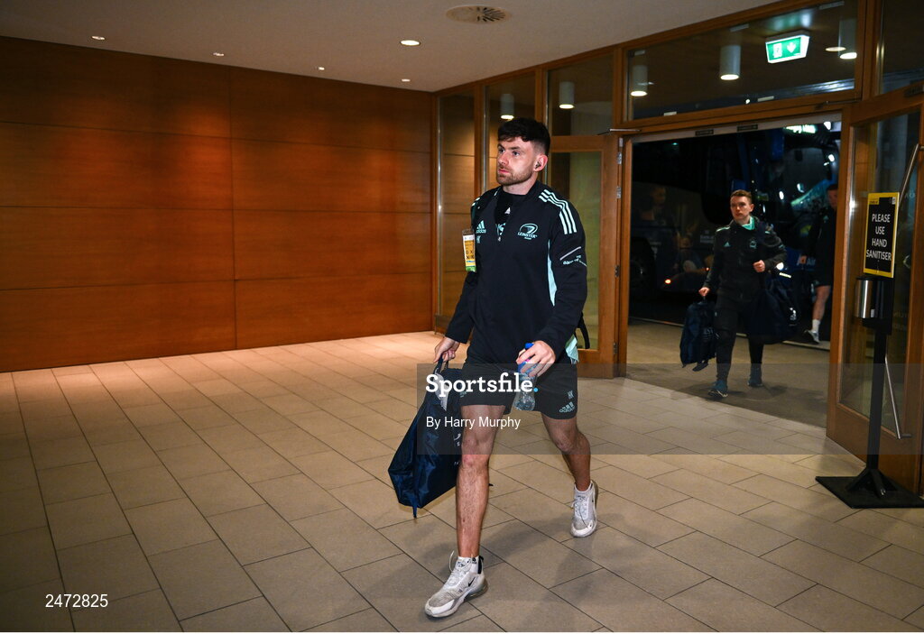1 April 2023; Hugo Keenan of Leinster arrives before the Heineken Champions Cup Round of 16 match between Leinster and Ulster at the Aviva Stadium in Dublin. Photo by Harry Murphy/Sportsfile