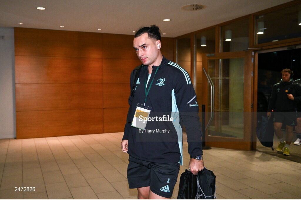 1 April 2023; James Lowe of Leinster arrives before the Heineken Champions Cup Round of 16 match between Leinster and Ulster at the Aviva Stadium in Dublin. Photo by Harry Murphy/Sportsfile