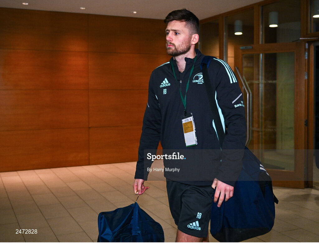 1 April 2023; Ross Byrne of Leinster arrives before the Heineken Champions Cup Round of 16 match between Leinster and Ulster at the Aviva Stadium in Dublin. Photo by Harry Murphy/Sportsfile