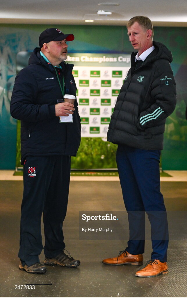 1 April 2023; Ulster head coach Dan McFarland, left, and Leinster head coach Leo Cullen before the Heineken Champions Cup Round of 16 match between Leinster and Ulster at the Aviva Stadium in Dublin. Photo by Harry Murphy/Sportsfile