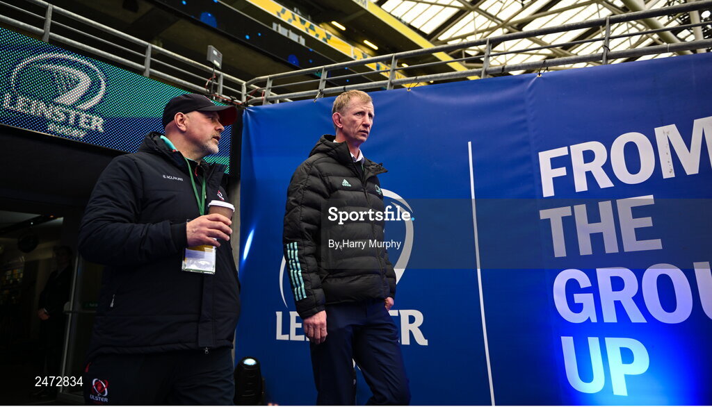 1 April 2023; Ulster head coach Dan McFarland, left, and Leinster head coach Leo Cullen before the Heineken Champions Cup Round of 16 match between Leinster and Ulster at the Aviva Stadium in Dublin. Photo by Harry Murphy/Sportsfile