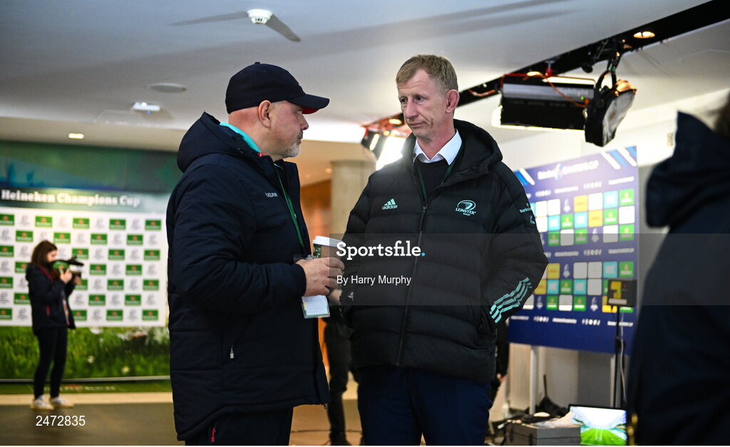 1 April 2023; Ulster head coach Dan McFarland, left, and Leinster head coach Leo Cullen before the Heineken Champions Cup Round of 16 match between Leinster and Ulster at the Aviva Stadium in Dublin. Photo by Harry Murphy/Sportsfile