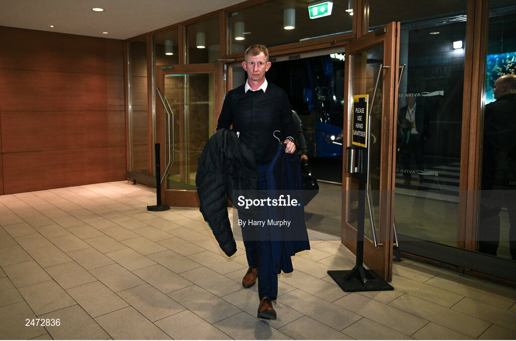 1 April 2023; Leinster head coach Leo Cullen arrives before the Heineken Champions Cup Round of 16 match between Leinster and Ulster at the Aviva Stadium in Dublin. Photo by Harry Murphy/Sportsfile