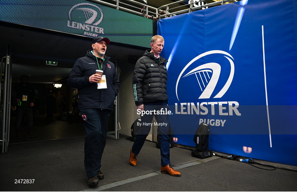 1 April 2023; Ulster head coach Dan McFarland, left, and Leinster head coach Leo Cullen before the Heineken Champions Cup Round of 16 match between Leinster and Ulster at the Aviva Stadium in Dublin. Photo by Harry Murphy/Sportsfile