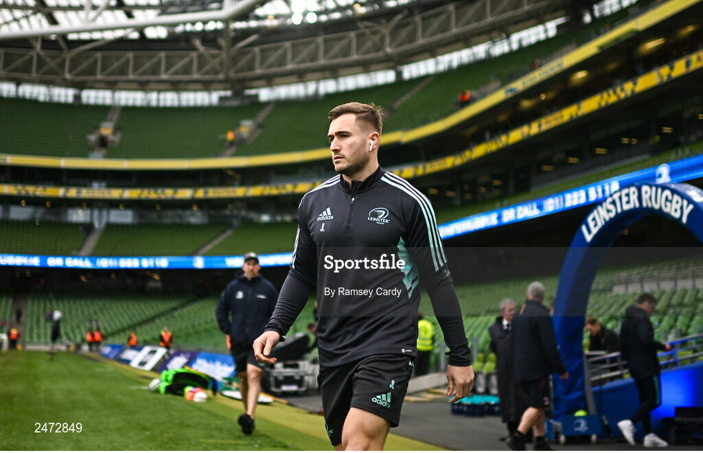 1 April 2023; Jordan Larmour of Leinster before the Heineken Champions Cup Round of 16 match between Leinster and Ulster at Aviva Stadium in Dublin. Photo by Ramsey Cardy/Sportsfile
