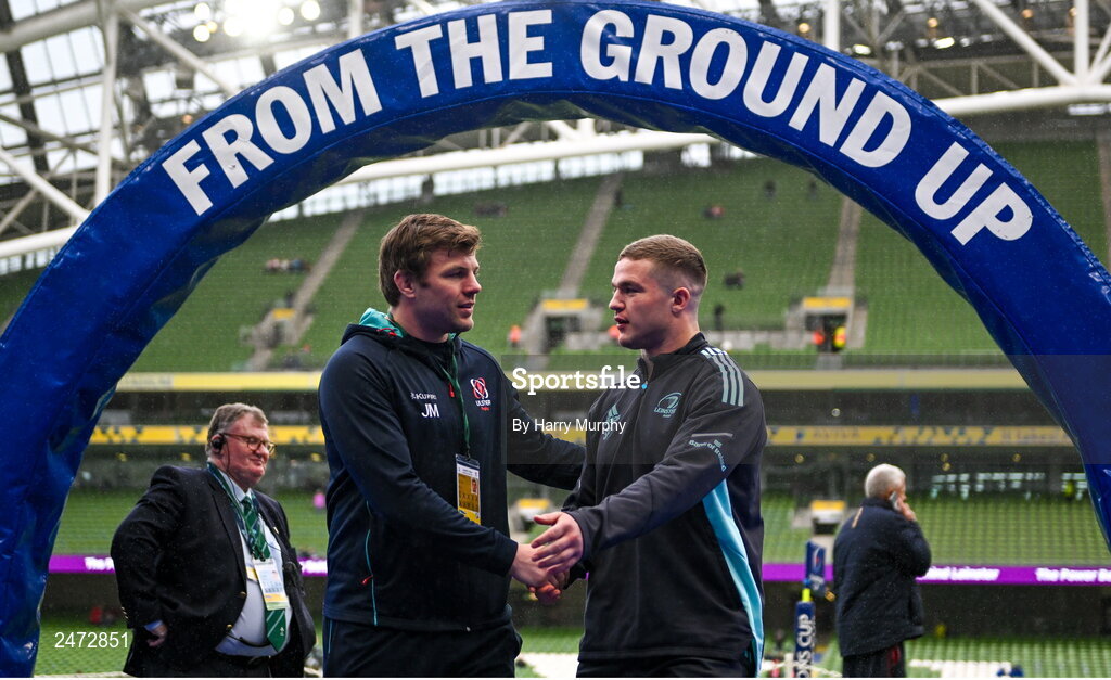1 April 2023; Jordi Murphy of Ulster, left, and Scott Penny of Leinster before the Heineken Champions Cup Round of 16 match between Leinster and Ulster at the Aviva Stadium in Dublin. Photo by Harry Murphy/Sportsfile