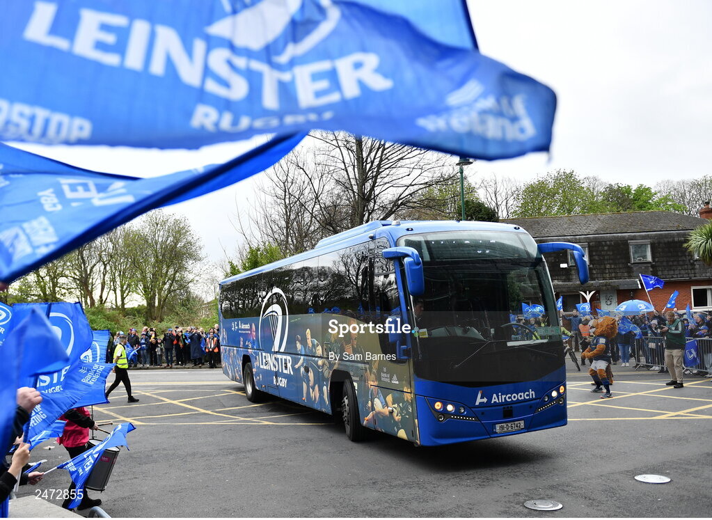1 April 2023; Leinster team arrive before the Heineken Champions Cup Round of 16 match between Leinster and Ulster at Aviva Stadium in Dublin. Photo by Sam Barnes/Sportsfile