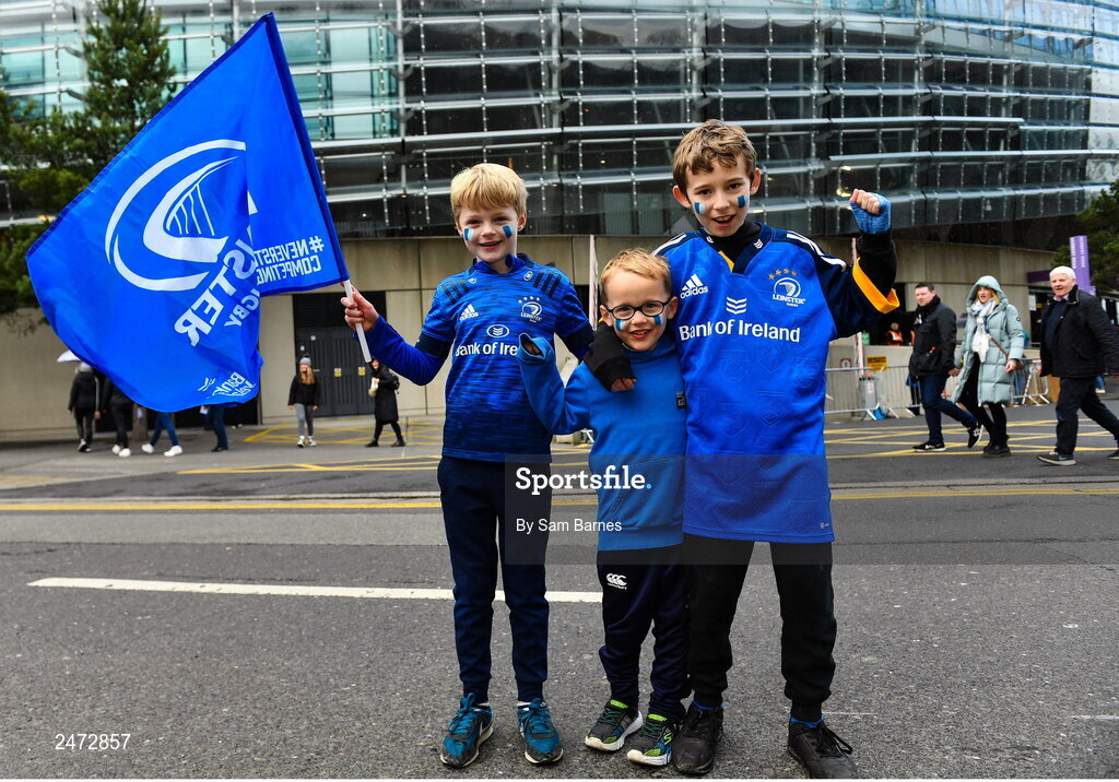 1 April 2023; Leinster supporters Jack Quinn, age 8, Fionn Ahearne, age 5, and Padraig O’Flaherty, age 10, from Dundalk, Louth before the Heineken Champions Cup Round of 16 match between Leinster and Ulster at Aviva Stadium in Dublin. Photo by Sam Barnes/Sportsfile