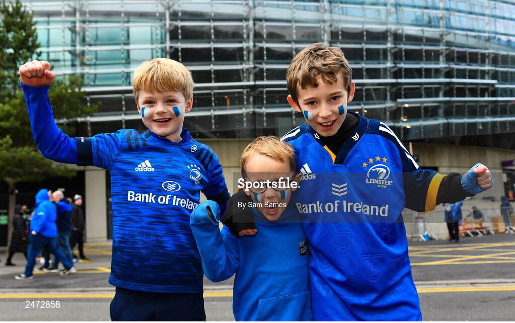 1 April 2023; Leinster supporters Jack Quinn, age 8, Fionn Ahearne, age 5, and Padraig O’Flaherty, age 10, from Dundalk, Louth before the Heineken Champions Cup Round of 16 match between Leinster and Ulster at Aviva Stadium in Dublin. Photo by Sam Barnes/Sportsfile