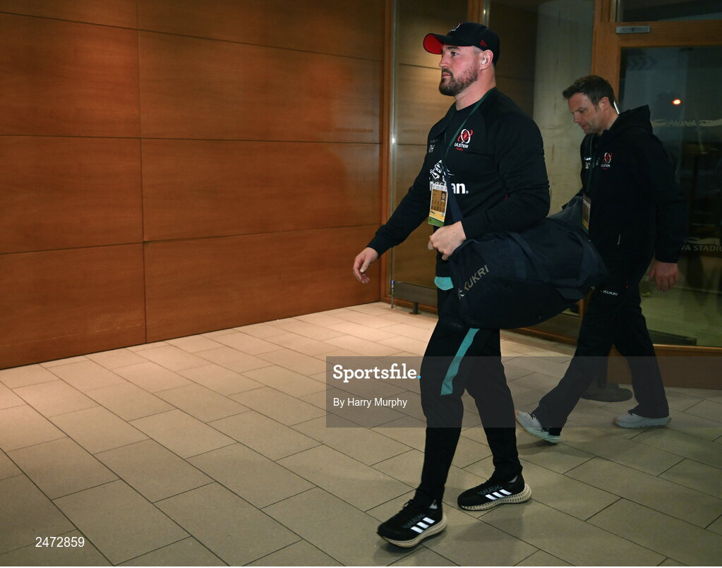 1 April 2023; Rob Herring of Ulster arrives before the Heineken Champions Cup Round of 16 match between Leinster and Ulster at the Aviva Stadium in Dublin. Photo by Harry Murphy/Sportsfile