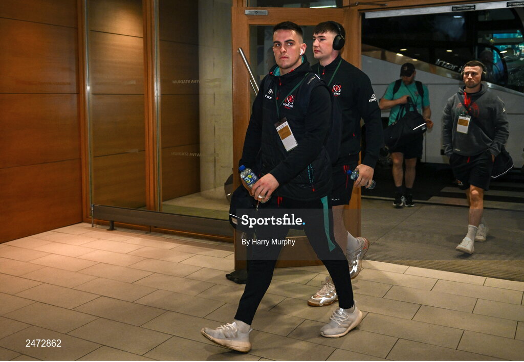 1 April 2023; James Hume of Ulster arrives before the Heineken Champions Cup Round of 16 match between Leinster and Ulster at the Aviva Stadium in Dublin. Photo by Harry Murphy/Sportsfile