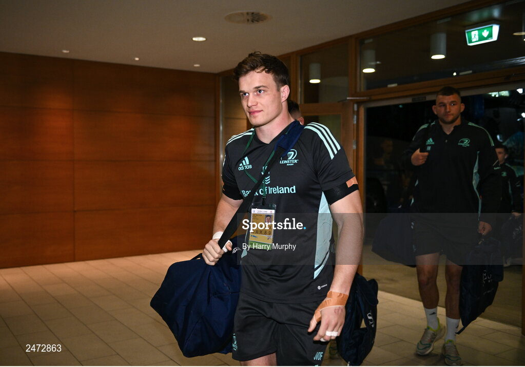 1 April 2023; Josh van der Flier of Leinster arrives before the Heineken Champions Cup Round of 16 match between Leinster and Ulster at the Aviva Stadium in Dublin. Photo by Harry Murphy/Sportsfile