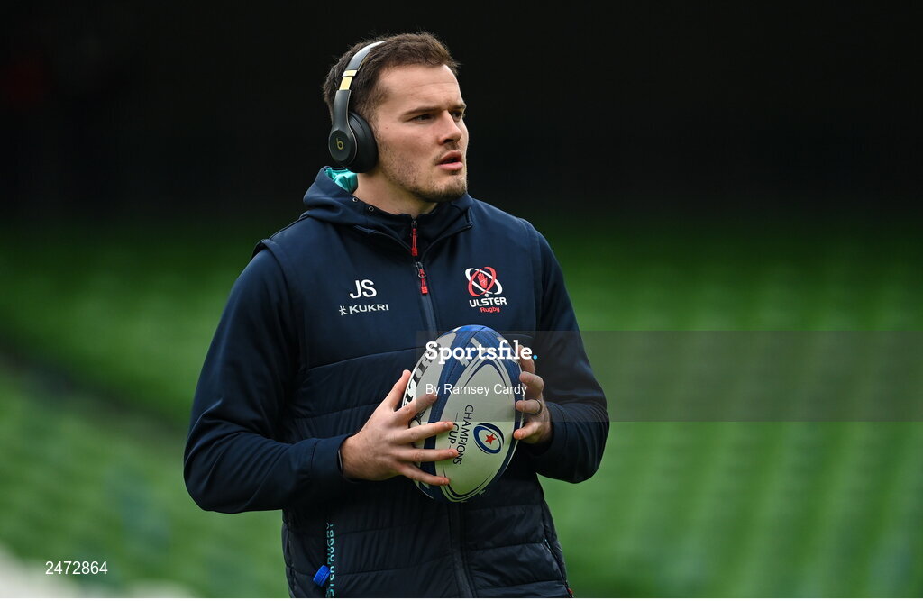 1 April 2023; Jacob Stockdale of Ulster before the Heineken Champions Cup Round of 16 match between Leinster and Ulster at Aviva Stadium in Dublin. Photo by Ramsey Cardy/Sportsfile