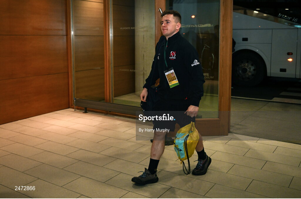 1 April 2023; Michael Lowry of Ulster arrives before the Heineken Champions Cup Round of 16 match between Leinster and Ulster at the Aviva Stadium in Dublin. Photo by Harry Murphy/Sportsfile