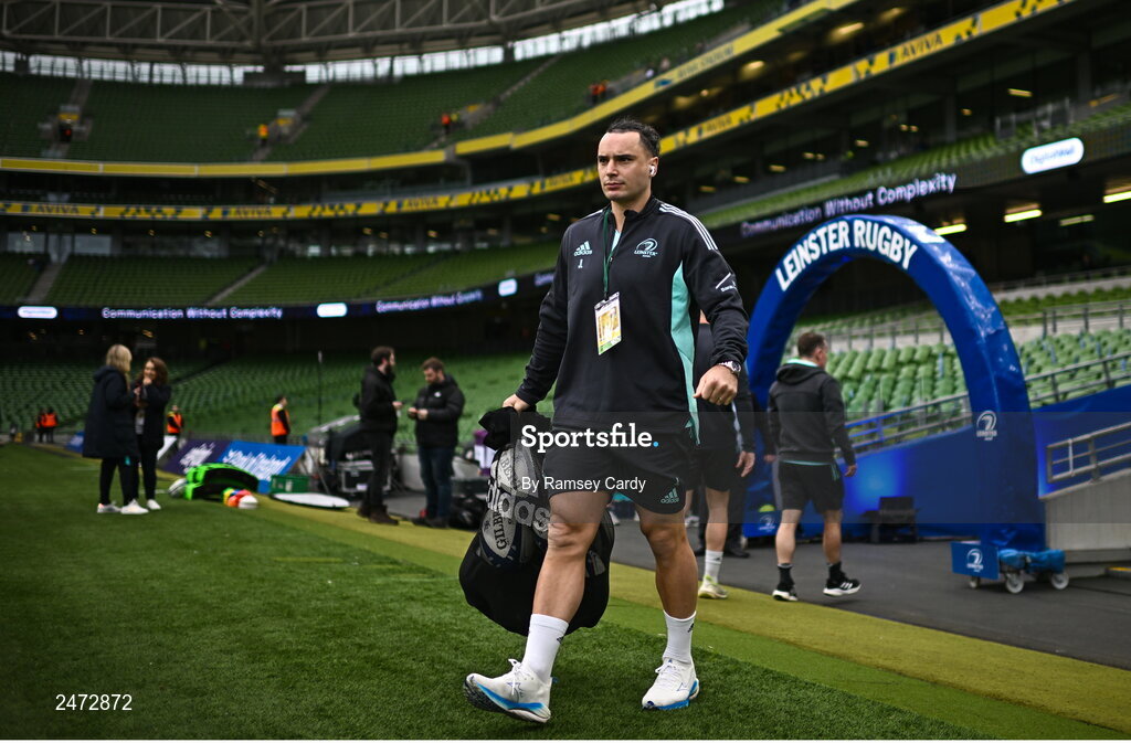 1 April 2023; James Lowe of Leinster before the Heineken Champions Cup Round of 16 match between Leinster and Ulster at Aviva Stadium in Dublin. Photo by Ramsey Cardy/Sportsfile