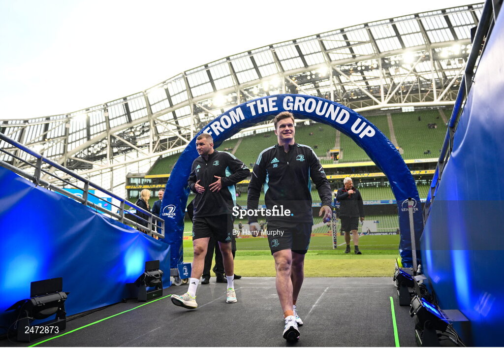 1 April 2023; Josh van der Flier, right and Ross Molony of Leinster before the Heineken Champions Cup Round of 16 match between Leinster and Ulster at the Aviva Stadium in Dublin. Photo by Harry Murphy/Sportsfile