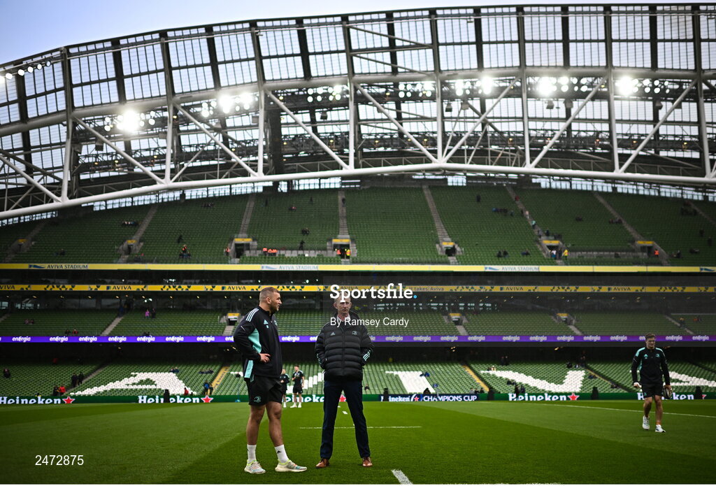 1 April 2023; Ross Molony of Leinster, left, and Leinster head coach Leo Cullen before the Heineken Champions Cup Round of 16 match between Leinster and Ulster at Aviva Stadium in Dublin. Photo by Ramsey Cardy/Sportsfile