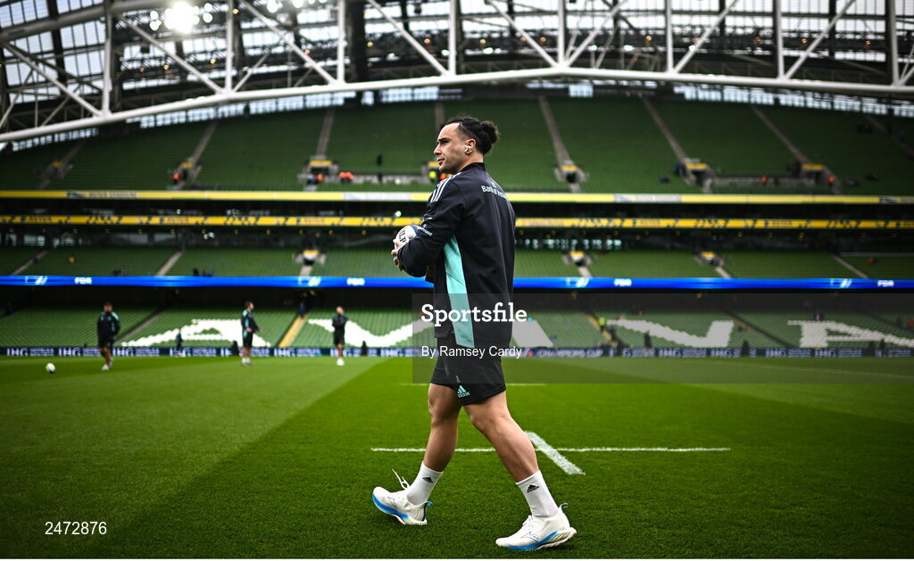 1 April 2023; James Lowe of Leinster before the Heineken Champions Cup Round of 16 match between Leinster and Ulster at Aviva Stadium in Dublin. Photo by Ramsey Cardy/Sportsfile