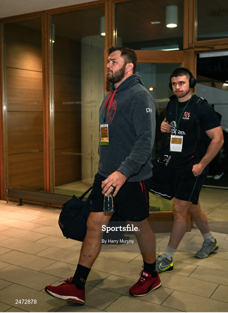 1 April 2023; Duane Vermeulen of Ulster arrives before the Heineken Champions Cup Round of 16 match between Leinster and Ulster at the Aviva Stadium in Dublin. Photo by Harry Murphy/Sportsfile