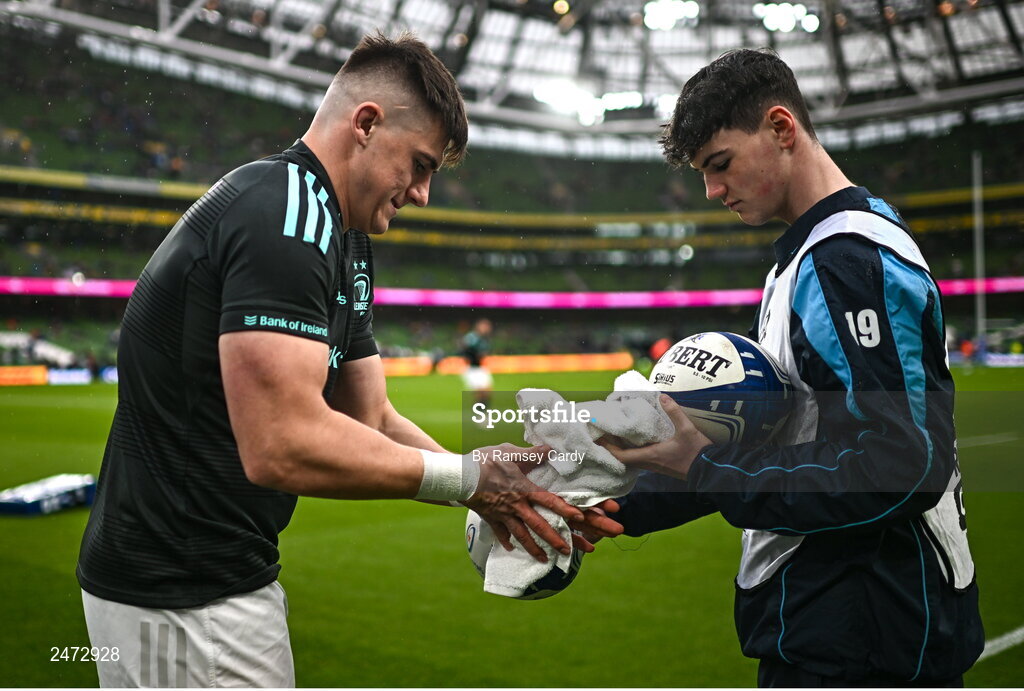 1 April 2023; Dan Sheehan of Leinster dries his hands while warming up before the Heineken Champions Cup Round of 16 match between Leinster and Ulster at Aviva Stadium in Dublin. Photo by Ramsey Cardy/Sportsfile