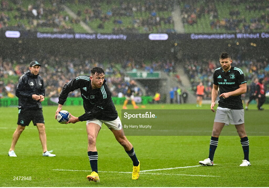 1 April 2023; Hugo Keenan of Leinster warms up before the Heineken Champions Cup Round of 16 match between Leinster and Ulster at the Aviva Stadium in Dublin. Photo by Harry Murphy/Sportsfile
