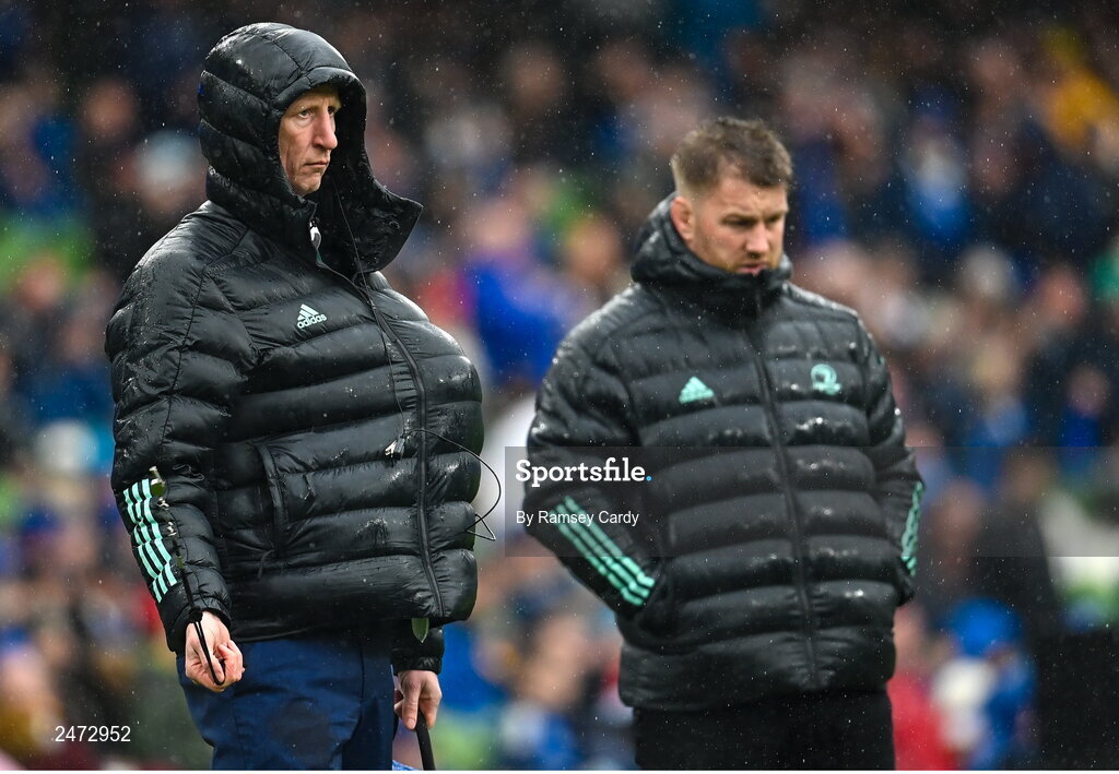 1 April 2023; Leinster head coach Leo Cullen, left, and Sean O'Brien of Leinster before the Heineken Champions Cup Round of 16 match between Leinster and Ulster at Aviva Stadium in Dublin. Photo by Ramsey Cardy/Sportsfile