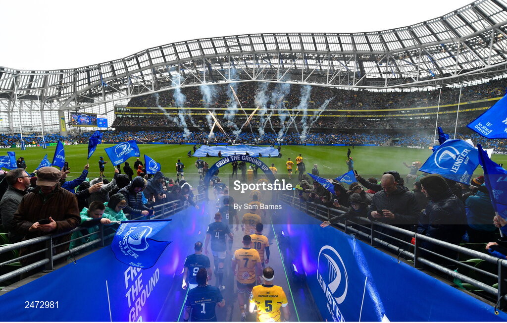 1 April 2023; Players from both teams make their way out to the pitch before the Heineken Champions Cup Round of 16 match between Leinster and Ulster at Aviva Stadium in Dublin. Photo by Sam Barnes/Sportsfile
