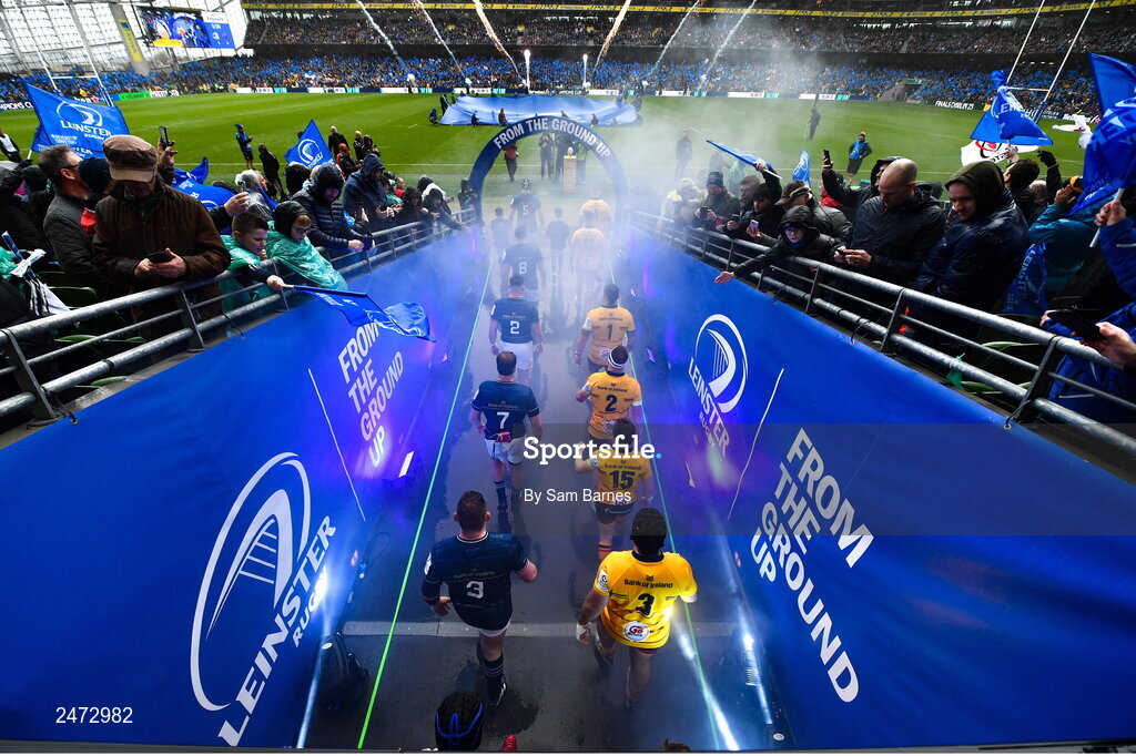 1 April 2023; Players from both teams make their way out to the pitch before the Heineken Champions Cup Round of 16 match between Leinster and Ulster at Aviva Stadium in Dublin. Photo by Sam Barnes/Sportsfile