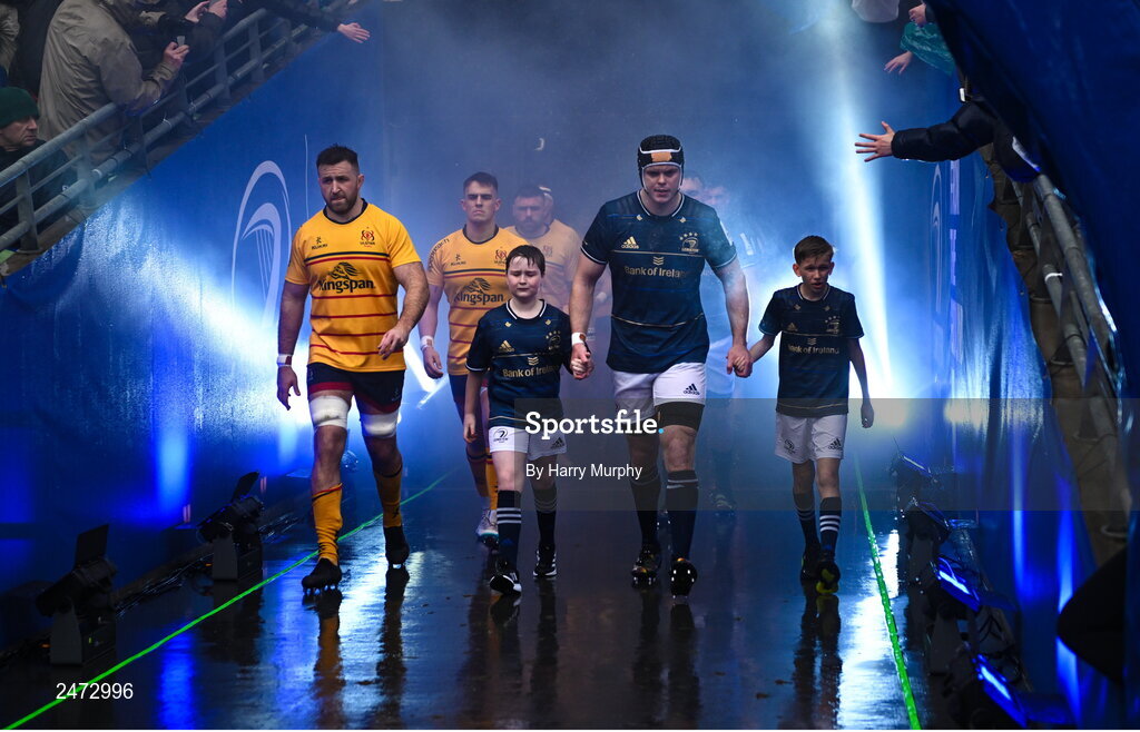 1 April 2023; Ulster captain Alan O’Connor, left, and Leinster captain James Ryan during the Heineken Champions Cup Round of 16 match between Leinster and Ulster at the Aviva Stadium in Dublin. Photo by Harry Murphy/Sportsfile
