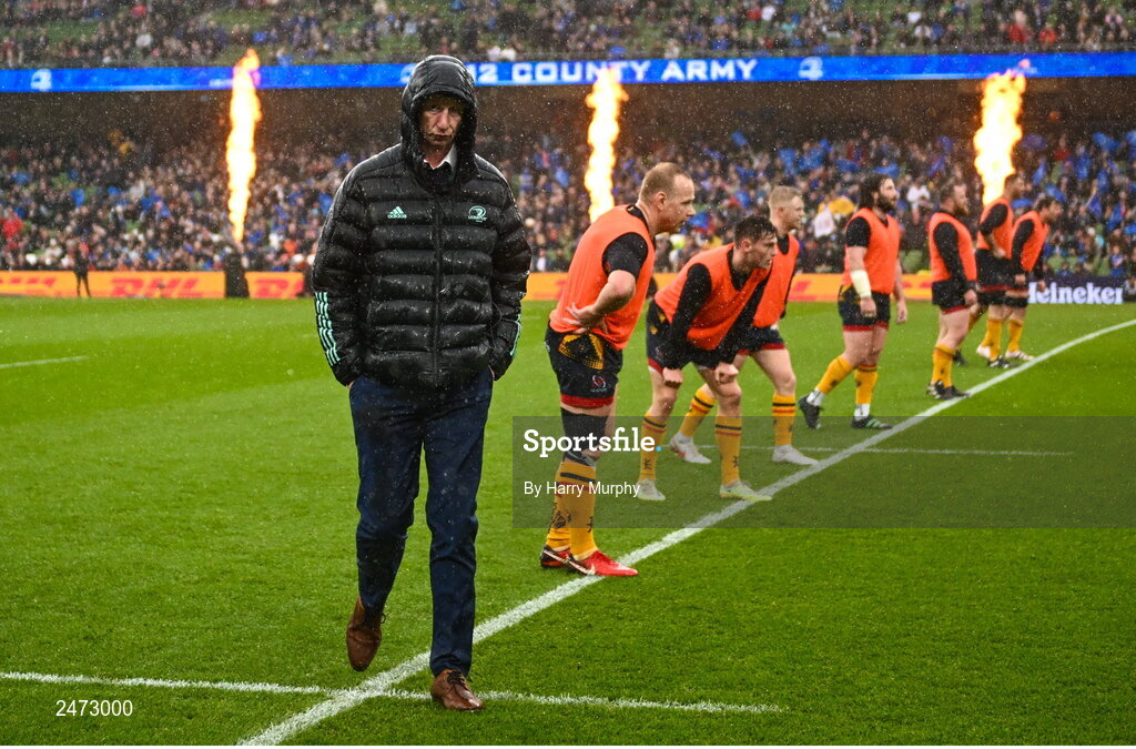 1 April 2023; Leinster head coach Leo Cullen beforeng the Heineken Champions Cup Round of 16 match between Leinster and Ulster at the Aviva Stadium in Dublin. Photo by Harry Murphy/Sportsfile