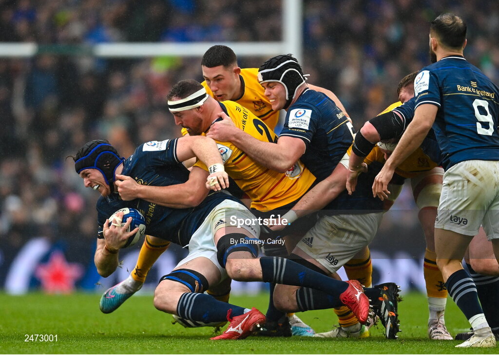 1 April 2023; Ryan Baird of Leinster is tackled by Rob Herring of Ulster during the Heineken Champions Cup Round of 16 match between Leinster and Ulster at Aviva Stadium in Dublin. Photo by Ramsey Cardy/Sportsfile