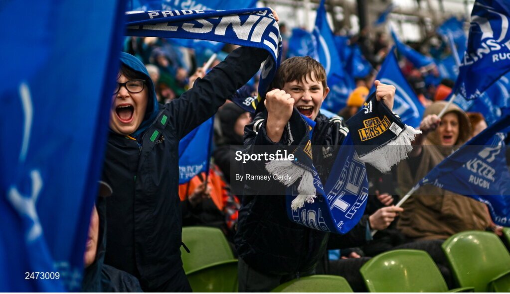 1 April 2023; Leinster supporters before the Heineken Champions Cup Round of 16 match between Leinster and Ulster at Aviva Stadium in Dublin. Photo by Ramsey Cardy/Sportsfile