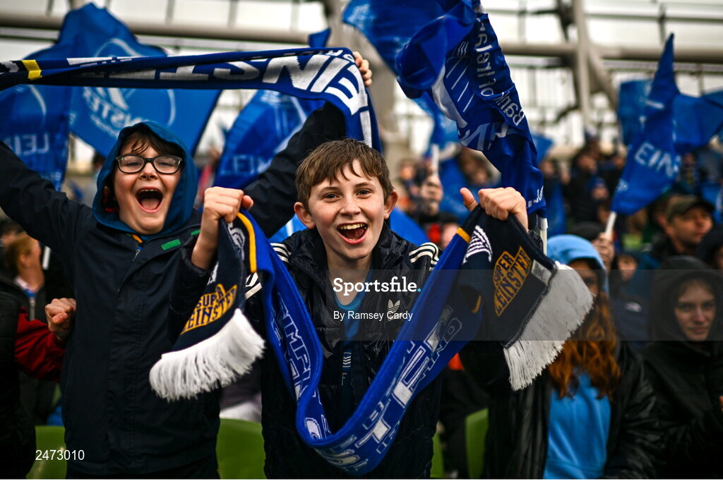 1 April 2023; Leinster supporters before the Heineken Champions Cup Round of 16 match between Leinster and Ulster at Aviva Stadium in Dublin. Photo by Ramsey Cardy/Sportsfile