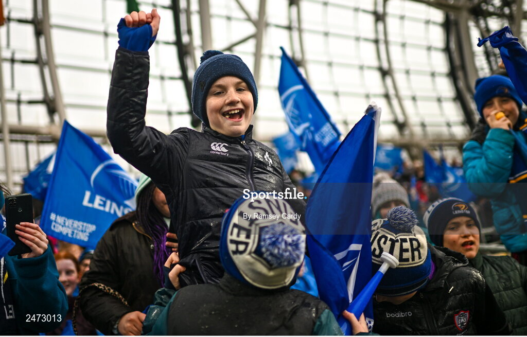 1 April 2023; Leinster supporters before the Heineken Champions Cup Round of 16 match between Leinster and Ulster at Aviva Stadium in Dublin. Photo by Ramsey Cardy/Sportsfile