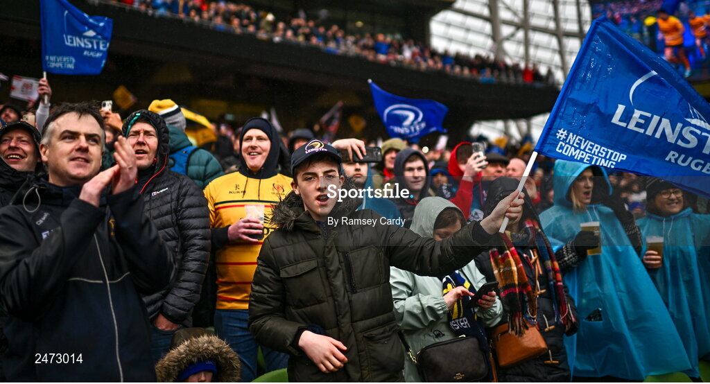 1 April 2023; Leinster supporters before the Heineken Champions Cup Round of 16 match between Leinster and Ulster at Aviva Stadium in Dublin. Photo by Ramsey Cardy/Sportsfile