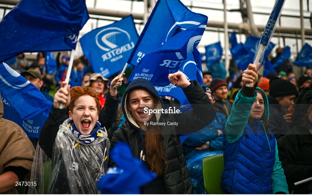 1 April 2023; Leinster supporters before the Heineken Champions Cup Round of 16 match between Leinster and Ulster at Aviva Stadium in Dublin. Photo by Ramsey Cardy/Sportsfile