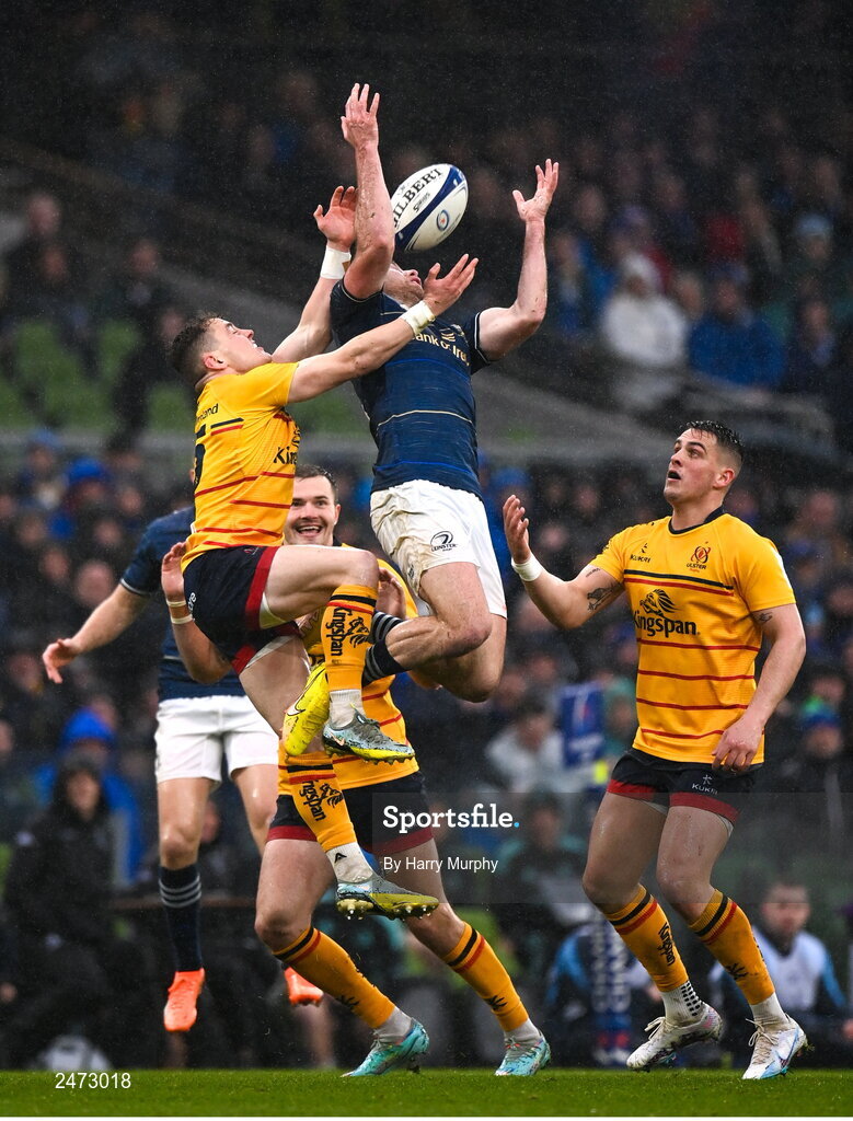 1 April 2023; Hugo Keenan of Leinster in action against Mike Lowry of Ulster during the Heineken Champions Cup Round of 16 match between Leinster and Ulster at the Aviva Stadium in Dublin. Photo by Harry Murphy/Sportsfile