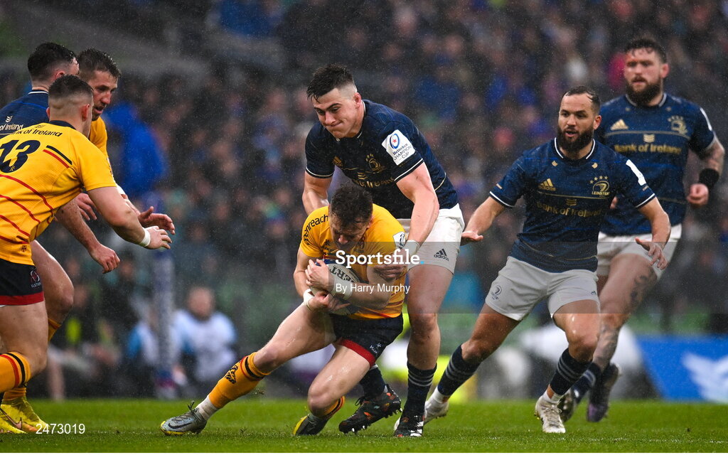 1 April 2023; Mike Lowry of Ulster is tackled by Dan Sheehan of Leinster during the Heineken Champions Cup Round of 16 match between Leinster and Ulster at the Aviva Stadium in Dublin. Photo by Harry Murphy/Sportsfile