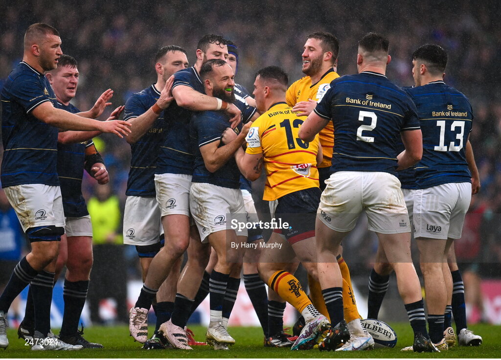 1 April 2023; James Hume of Ulster tussles with Jamison Gibson-Park of Leinster during the Heineken Champions Cup Round of 16 match between Leinster and Ulster at the Aviva Stadium in Dublin. Photo by Harry Murphy/Sportsfile
